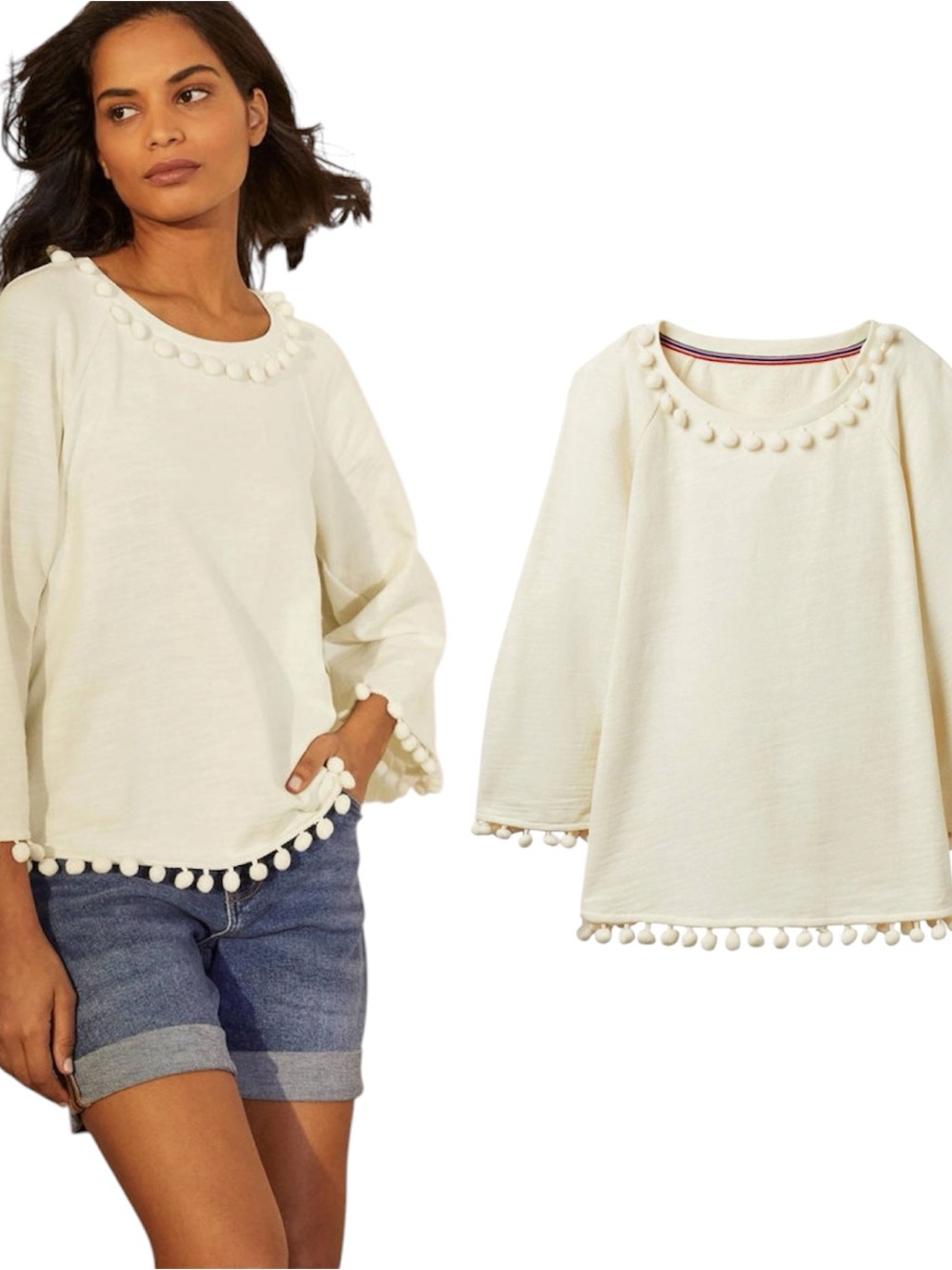 NWT Boden Layla Ivory Pom Trim Lightweight Sweatshirt